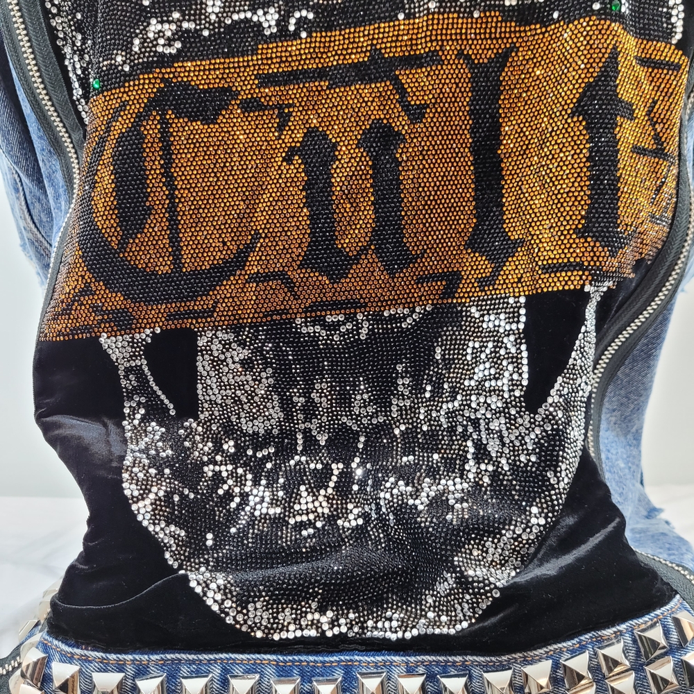 Cult Individuality  Biker Jean Jacket With Rhinestoned Skull & Studded  XL $499 - Picture 12 of 12